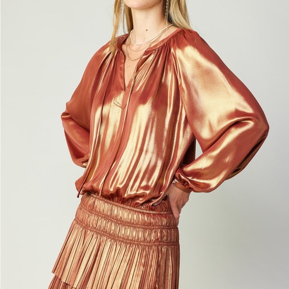 Current Air MINI DRESS metallic bronze pleated mini dress long sleeve small NWOT - Picture 5 of 11